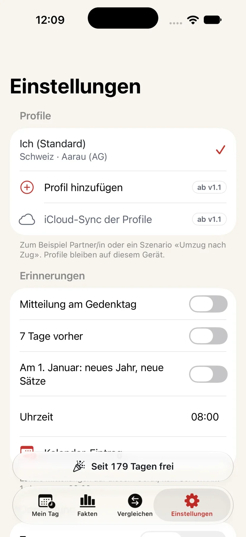 Steuerzahlergedenktag: Ansicht «Einstellungen»